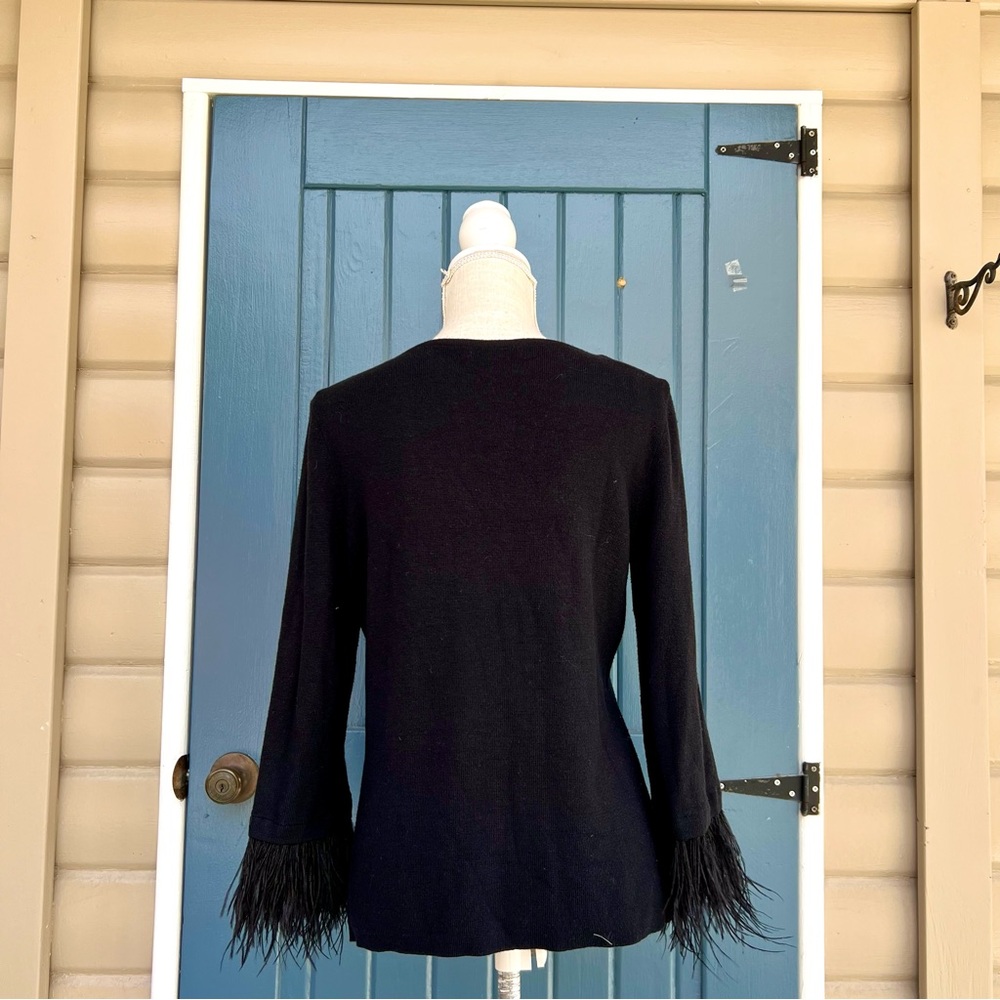 Ann Taylor  knit top with feather trimmed sleeves Women’s Size LP - Picture 3 of 8